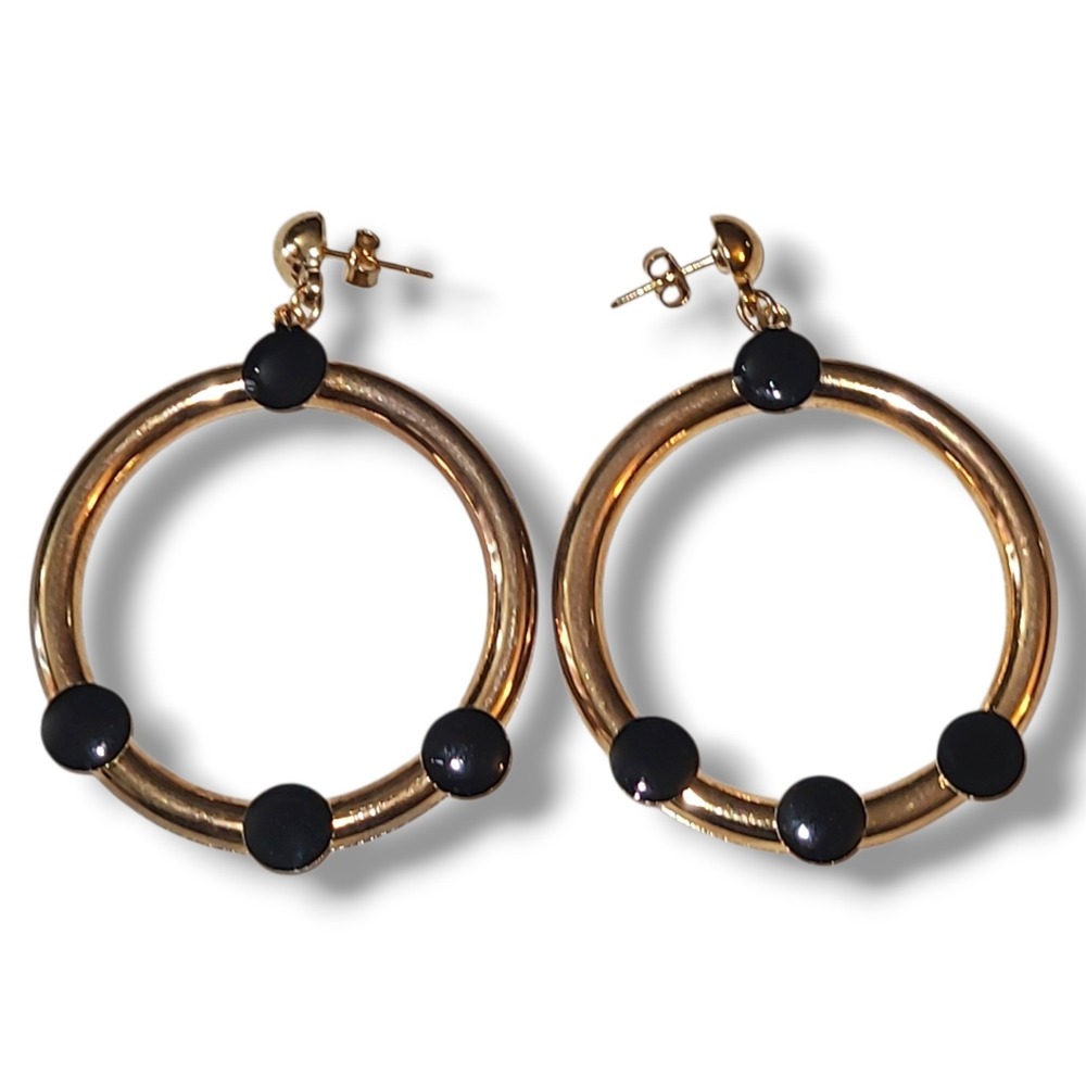Vintage Gold Tone Hoop Dangle Earrings Black‎ Enamel Dot Mod Statement Retro